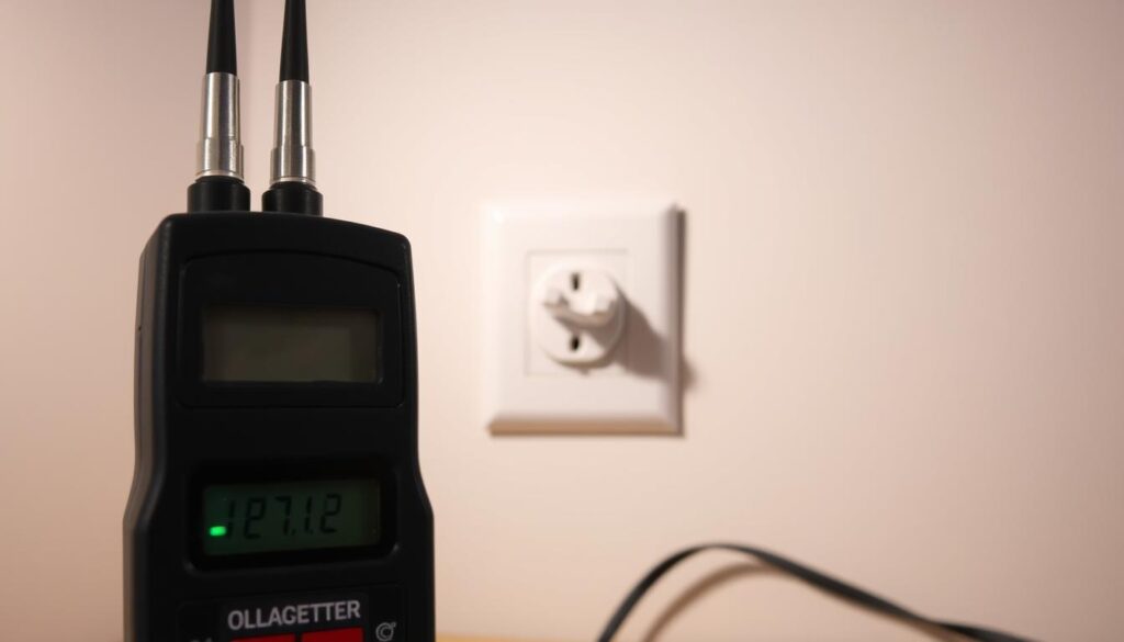A high-quality digital voltage tester in the foreground, its metal probes and LCD display clearly visible. In the middle ground, a safe, well-lit electrical outlet with a USB port, serving as the focal point. The background is a clean, neutral workspace, emphasizing the importance of safety during electrical installations. Soft, directional lighting casts subtle shadows, highlighting the tester's features. The overall scene conveys a sense of professionalism, attention to detail, and a commitment to safety procedures.
