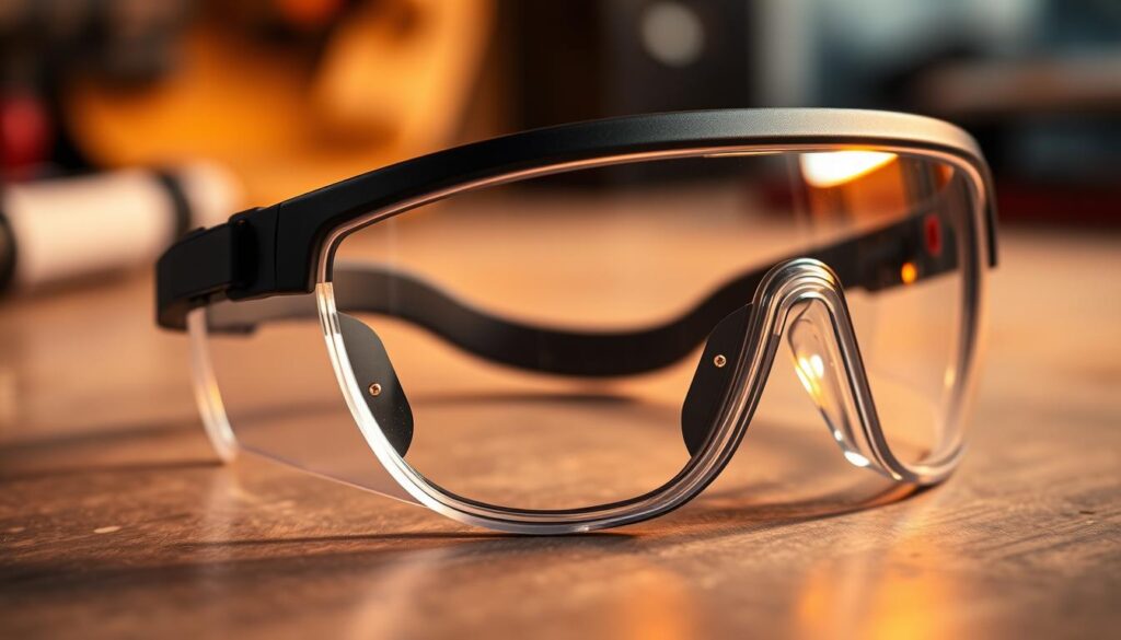 A high-quality pair of full protection safety goggles with a sleek, modern design. The goggles have a wraparound lens that provides excellent coverage and a secure, adjustable strap for a comfortable fit. The lens is made of impact-resistant, scratch-resistant polycarbonate material, ensuring clear, distortion-free vision. The frame is constructed from durable, lightweight plastic in a matte black finish. Soft, flexible silicone gaskets around the lens create a tight seal, preventing debris and dust from entering the eyes. The goggles are illuminated by warm, diffused lighting, casting a subtle glow on the transparent lens and highlighting the thoughtful engineering. The overall aesthetic conveys a sense of safety, protection, and technical sophistication, making these goggles suitable for a wide range of home workshop applications.