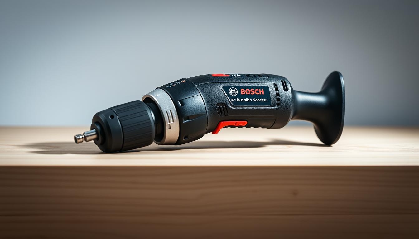 A high-quality, professional-grade cordless drill driver with a sleek, ergonomic design, resting on a neutral-toned wooden surface. The drill features a powerful brushless motor, a versatile chuck, and an intuitive control panel with speed and torque settings. Soft, diffused lighting from overhead illuminates the tool, creating a clean, well-lit composition. The background is a minimalist, studio-like setting, allowing the drill to be the focal point. The overall mood is one of precision, functionality, and attention to detail, reflecting the high-quality craftsmanship of the Bosch power tool.