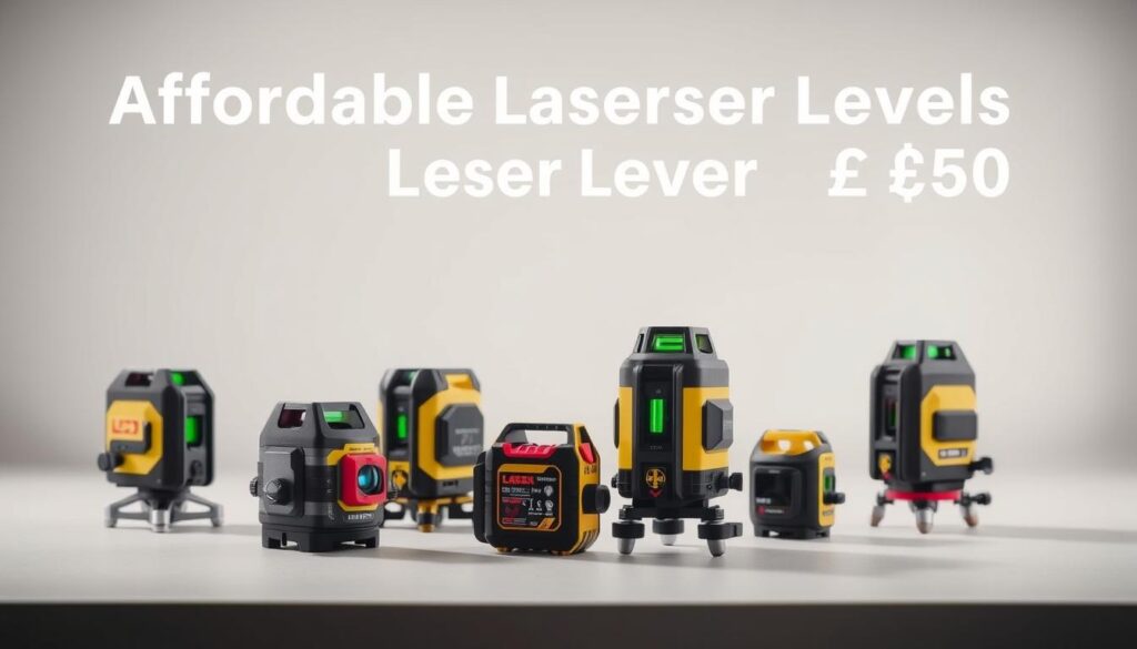 A high-quality, professional-looking image of affordable laser levels under £50, showcasing their key features. The image should have a clean, minimalist style with a bright, well-lit setting. The foreground should feature a selection of laser levels in various sizes and styles, displayed on a neutral-colored surface. The middle ground should include technical details such as the laser beam, level indicators, and measurement markings. The background should have a slightly blurred, out-of-focus effect to draw the viewer's attention to the laser levels. The overall mood should convey a sense of precision, reliability, and value for money.
