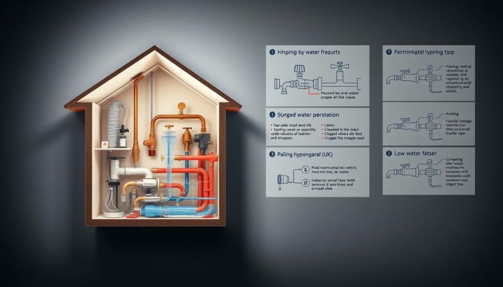 A highly detailed and technical cutaway diagram showcasing the common causes of low water pressure in a UK home's plumbing system. The foreground depicts a cross-section of the home's water pipes, faucets, and fixtures, highlighting issues like mineral buildup, leaks, and clogged valves. The middle ground features annotated diagrams explaining the mechanical and hydraulic factors contributing to diminished water flow, with clear labels and callouts. The background provides an atmospheric setting, with a muted color palette and subtle shadows to convey a sense of technical precision and professionalism, as if the image were from an engineering manual or technical journal.