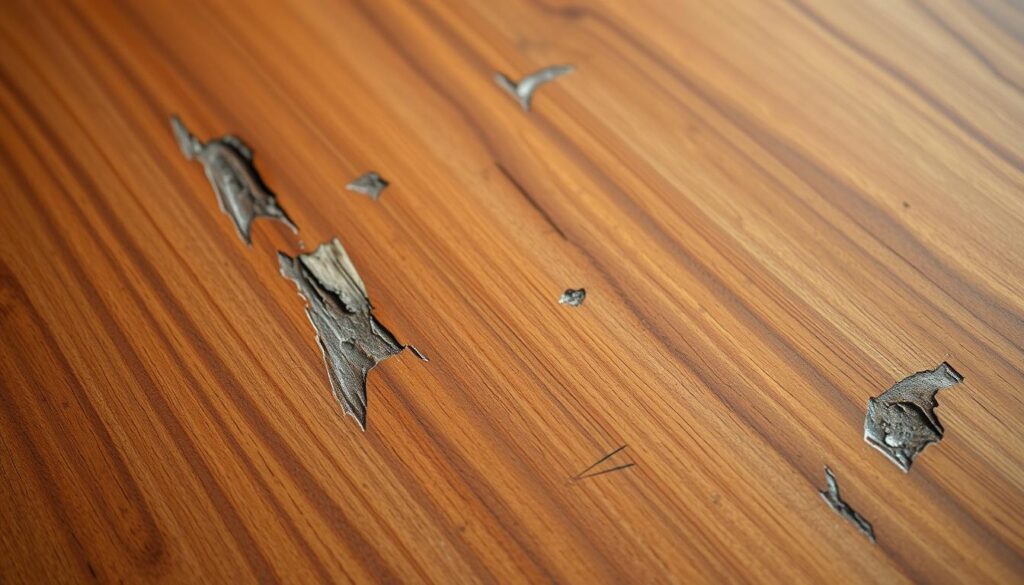 A highly detailed close-up view of a wood veneer surface showing signs of damage, with chipping, peeling, and discoloration. The texture is crisp and well-defined, revealing the underlying wood grain and the imperfections in the veneer layer. The lighting is soft and slightly diffused, creating subtle shadows that accentuate the damaged areas. The focus is sharp, drawing the viewer's attention to the specific issues that would require restoration or reattachment of the veneer. The overall mood is one of weathered elegance, highlighting the need for careful repair and preservation of the table's surface.