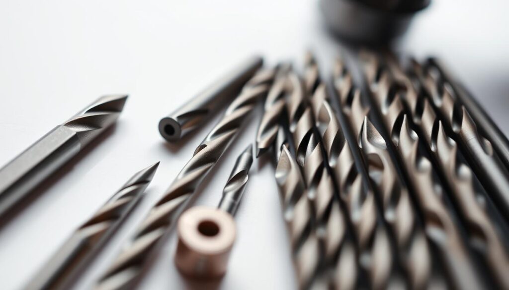 A highly detailed, macro-style photograph of an assortment of cordless drill bits, arranged neatly on a clean, white background. The bits are of varying sizes, from small-diameter precision bits to larger, more robust ones, showcasing the range of compatibility for a cordless drill. The lighting is soft and diffused, creating an even, shadowless illumination that highlights the metallic textures and precise engineering of the bits. The camera is positioned slightly above the scene, capturing the bits from a slight downward angle, emphasizing their intricate design and creating a sense of depth and dimensionality. The overall mood is one of precision, functionality, and technical excellence, reflecting the capabilities of a high-quality cordless drill.