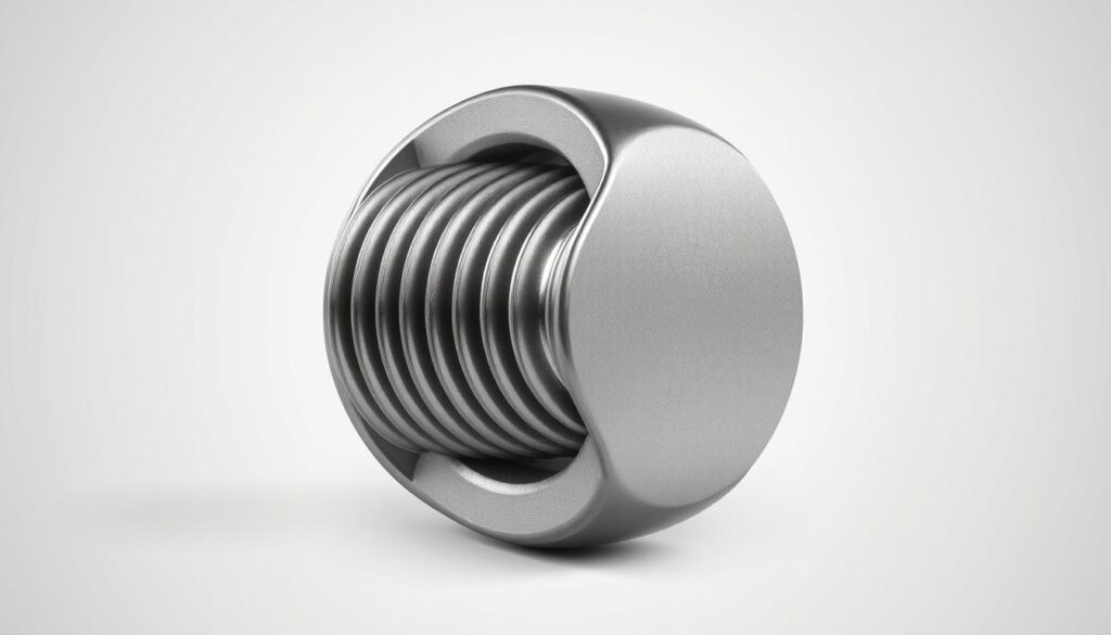A highly detailed, technical illustration of a screw thread, showcasing its intricate design and engineering. The screw thread is rendered in high-resolution, with a focus on the precise, uniform pitch, depth, and angle of the helical grooves. The metal surface has a polished, metallic sheen, reflecting the studio lighting. The image is shot from a slightly elevated angle, providing a clear, unobstructed view of the screw thread's geometry. The background is a clean, neutral tone, allowing the screw thread to be the central focus of the composition.