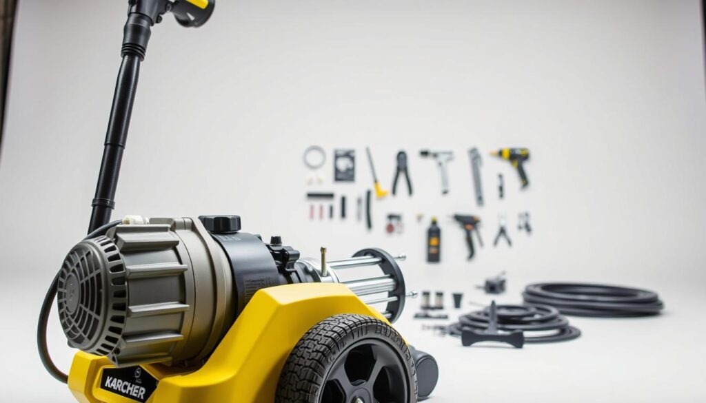 A highly detailed, well-lit product shot of a Karcher K4 pressure washer during the assembly process. The foreground features the main components - the motor housing, pump, and hose connections - all shown in crisp, high-resolution detail. The middle ground showcases the assembly steps, with clear views of the tools and parts being used. The background is a clean, neutral workspace with a plain white or grey backdrop, allowing the pressure washer to be the focal point. The lighting is bright and evenly distributed, creating clear shadows and highlights that emphasize the product's design and construction. The camera angle is slightly elevated, giving an authoritative, informative perspective on the assembly process.