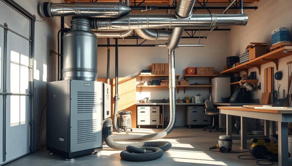 A large, industrial-grade dust collection system with a powerful motor and high-volume airflow. The system is positioned in the corner of a well-lit, spacious garage workshop, its metal ductwork and hoses snaking across the floor and connecting to various power tools. The foreground features the main unit with its sleek, modern design and intuitive controls. The middle ground showcases the efficient filtration system, trapping fine particulates and keeping the air clean. In the background, workbenches, shelves, and other workshop equipment create a sense of a functional, organized space. The lighting is bright and natural, casting long shadows and highlighting the system's industrial aesthetic. The overall scene conveys a well-designed, practical dust collection solution for a productive garage workshop.