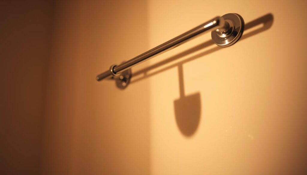A loose bathroom towel rail, its mounting screws barely gripping the wall, hangs at an uneven angle. The towel rack sways slightly, its chrome finish dulled by water spots. The scene is bathed in warm, diffused lighting, casting soft shadows that highlight the rail's precarious position. The background is a subtle, neutral-toned tile or plaster, providing a clean, uncluttered backdrop to focus attention on the malfunctioning hardware. The overall mood is one of subtle disrepair, hinting at the need for a simple fix to restore the towel rail's secure and functional state.