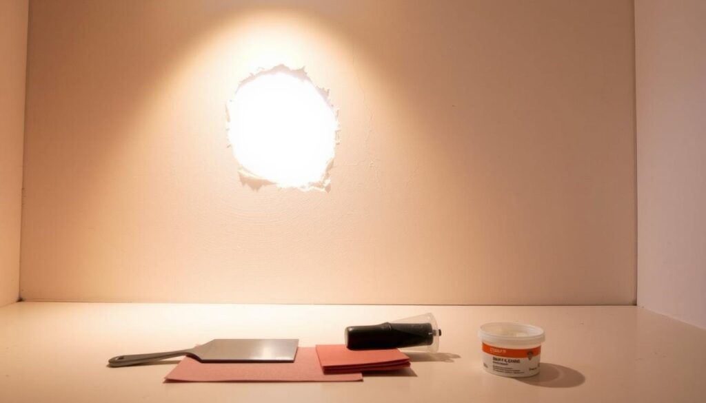 A medium-sized drywall panel with a small circular hole in the center. Warm, diffused lighting illuminates the scene, casting soft shadows. In the foreground, a putty knife, sandpaper, and a small container of joint compound are neatly arranged, ready for the patching process. The background features a plain white wall, emphasizing the simplicity and focus on the repair task. The overall mood is one of calm, straightforward problem-solving, reflecting the "simple method" approach described in the article.