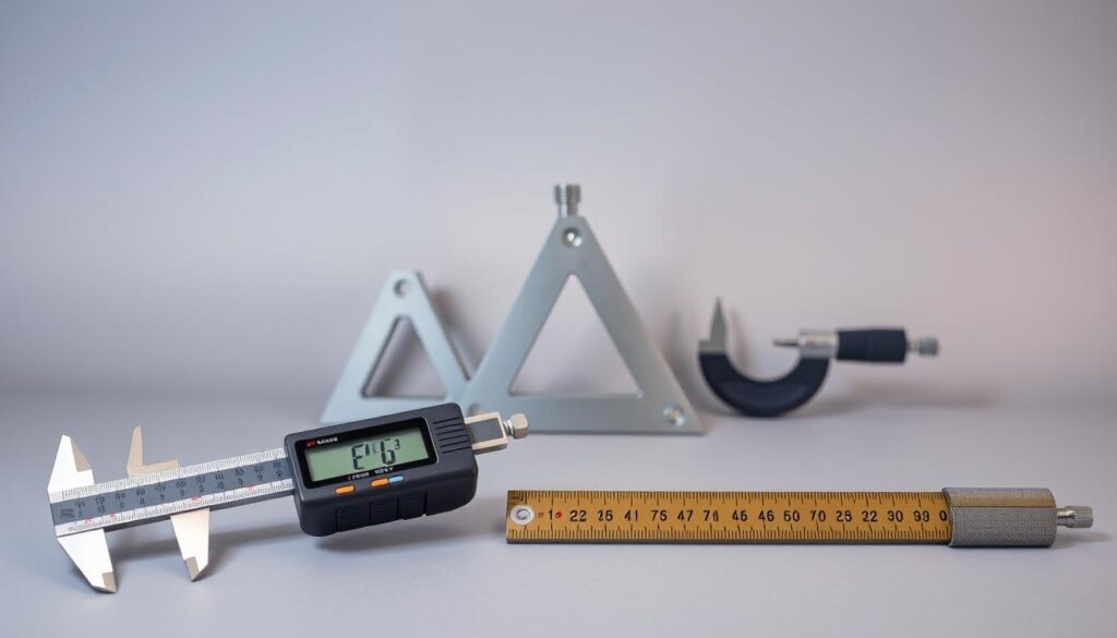 A meticulously arranged composition showcasing an array of precision measuring tools against a clean, minimalist backdrop. In the foreground, a digital caliper, steel ruler, and protractor are positioned with careful attention to detail, their surfaces reflecting soft, directional lighting that accentuates their sleek, professional-grade design. In the middle ground, a combination square and micrometer stand at attention, their contrasting forms and finishes creating a harmonious visual balance. The background is a seamless, neutral-toned surface, allowing the tools to take center stage and emphasize their importance in achieving advanced levels of accuracy, as required in the article's "Advanced Tips for Professional-Level Accuracy" section.