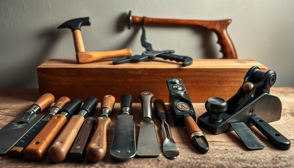 A meticulously crafted still life of a collection of woodworking hand tools, set against a neutral background. In the foreground, a set of chisels, planes, and hand saws are arranged in an orderly fashion, their blades and teeth gleaming under soft, directional lighting. In the middle ground, a claw hammer, a mallet, and a pair of sturdy pliers sit atop a wooden workbench, casting subtle shadows. The background is slightly blurred, allowing the tools to take center stage and emphasize their craftsmanship and utility. The overall composition and lighting evoke a sense of focus, precision, and the skilled techniques required to maintain and sharpen these essential woodworking implements.