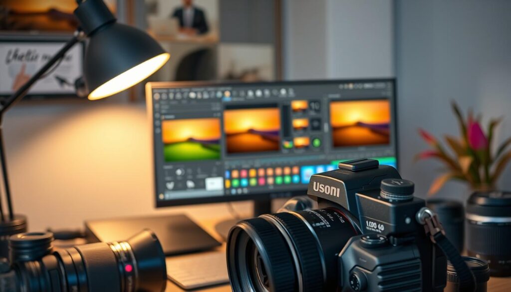 A meticulously curated photographic composition showcasing essential photo editing techniques. A stylish desktop workspace with a high-resolution monitor, a pen tablet, and an open image editing software interface. Overhead lighting casts a warm, focused glow, highlighting the tools and controls. In the foreground, a professional-grade DSLR camera and an assortment of lenses, signifying the importance of capturing high-quality source material. The middle ground features a hands-on demonstration of editing adjustments like color correction, selective masking, and non-destructive layer-based workflows. The background subtly blurs, maintaining the viewer's attention on the central editing process. An atmosphere of creative focus and technical precision pervades the scene.