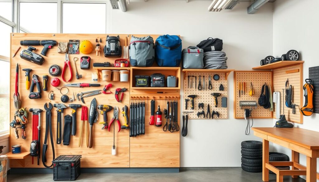 A meticulously designed French cleat wall storage system in a well-lit, modern workshop. The foreground features a neatly organized array of tools, accessories, and small items hung on a sturdy wooden French cleat panel. The middle ground showcases various customizable storage solutions, like shelves and pegboards, seamlessly integrated into the wall. In the background, a clean, minimalist workspace with large windows allows natural light to flood the space, creating a bright and efficient atmosphere. The overall composition emphasizes the functionality, versatility, and visual appeal of this space-saving storage solution.