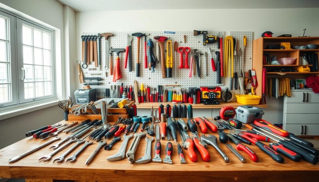 A meticulously organized workspace with an array of tools neatly arranged on a sturdy wooden workbench. The foreground showcases an assortment of wrenches, screwdrivers, and pliers, each placed in its designated spot, reflecting a sense of order and efficiency. The middle ground features a pegboard with hooks holding a variety of other tools, such as hammers, saws, and measuring tapes, all within easy reach. The background depicts a clean, well-lit environment, with natural light filtering in through large windows, creating a bright and inviting atmosphere. The overall scene conveys a sense of control and productivity, perfectly capturing the essence of "Assessing Your Tool Collection Before Organizing."