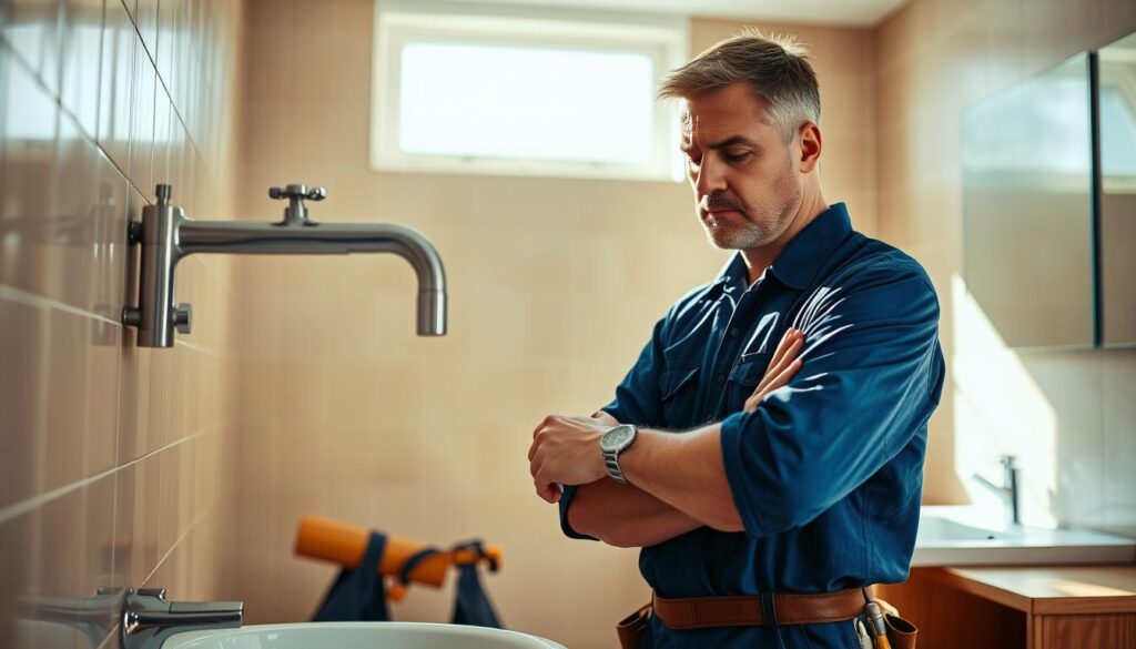 A middle-aged man in a blue jumpsuit, toolbelt at the waist, standing in a brightly lit bathroom. His face is focused, brow furrowed as he examines a leaky faucet. The room is tiled in neutral hues, with a chrome sink and a wooden vanity in the background. Sunlight streams through a window, casting warm shadows on the scene. The plumber's expression conveys expertise and professionalism as he assesses the problem, ready to apply his skills to provide a reliable solution.