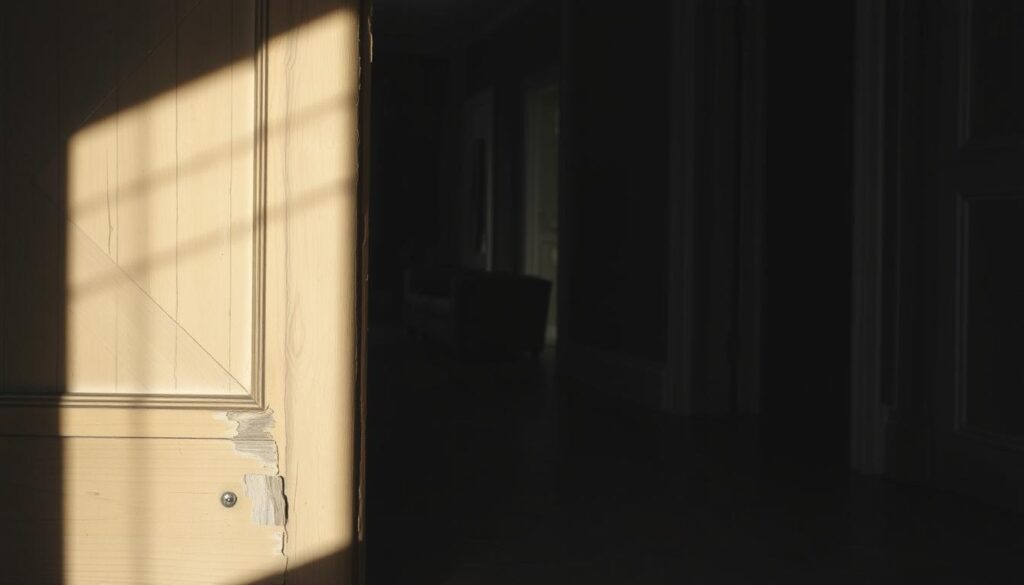 A misaligned door frame with visible gaps and uneven edges, casting long shadows under harsh directional lighting. The frame is made of weathered wood, slightly warped and splintering. The floor beneath is uneven, with cracked tiles or worn floorboards. The background is a dimly lit interior, hinting at the larger space beyond the door. The overall atmosphere conveys a sense of neglect and structural issues, setting the stage for the article's focus on addressing such problems.