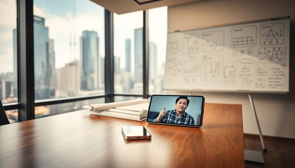 A modern, minimalist office setting with large windows overlooking a bustling city skyline. In the foreground, a polished wooden desk with a desktop computer and a stack of architectural plans. On the desk, a smartphone displaying a video call with a client, their face visible on the screen. The client appears pensive, gesturing as they speak. Behind the desk, a large whiteboard with handwritten notes and diagrams, representing the collaborative process of managing client expectations. Soft, directional lighting casts a warm glow across the scene, creating a professional yet approachable atmosphere.