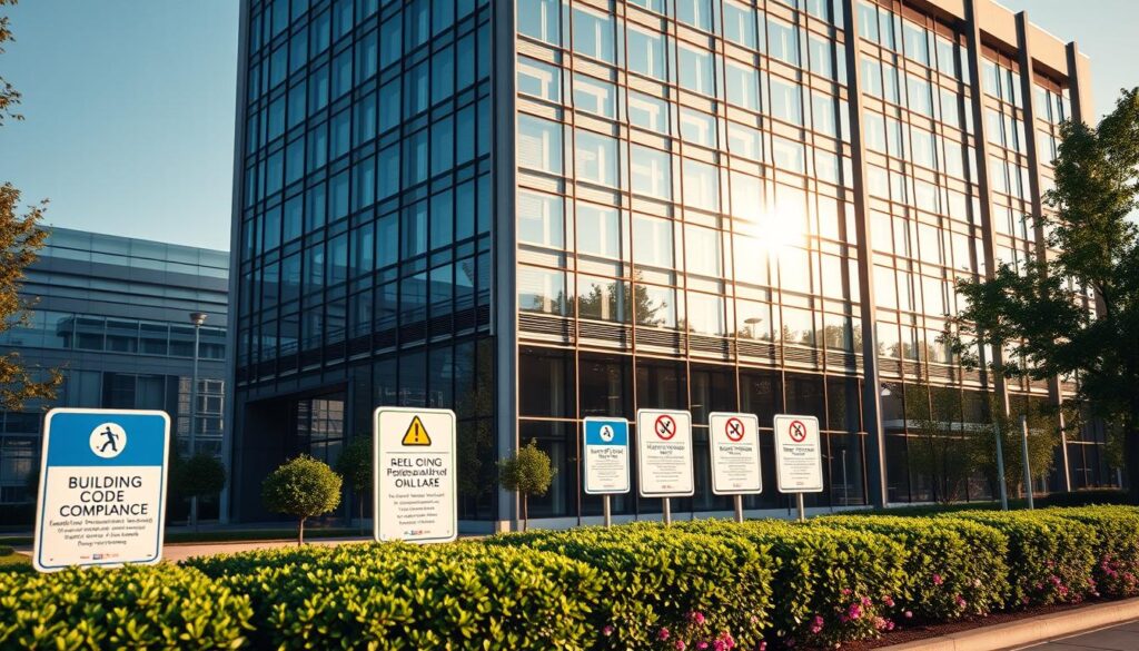 A modern multi-story office building, its sleek glass facade gleaming in the afternoon sunlight. Prominently displayed are various building code compliance signage and placards, indicating the structure's adherence to strict safety and regulatory standards. In the foreground, a well-manicured landscape with verdant hedges and flowering plants. The scene conveys a sense of order, professionalism, and a commitment to following established building guidelines. Captured with a wide-angle lens to showcase the full architectural grandeur, the image emphasizes the importance of upholding building regulations for a safe and functional urban environment.