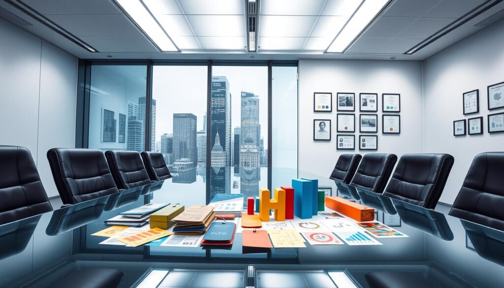 A modern office setting with a sleek, minimalist design. Fluorescent lighting casts a cool, professional glow over the scene. In the foreground, a glass conference table displays colorful price tags, charts, and graphs, showcasing various pricing strategies. Surrounding the table, leather office chairs create an atmosphere of competitive negotiation. In the middle ground, tall, floor-to-ceiling windows look out over a bustling cityscape, hinting at the broader market forces at play. The background features a crisp, white wall adorned with framed certificates and awards, conveying a sense of authority and expertise in pricing optimization.