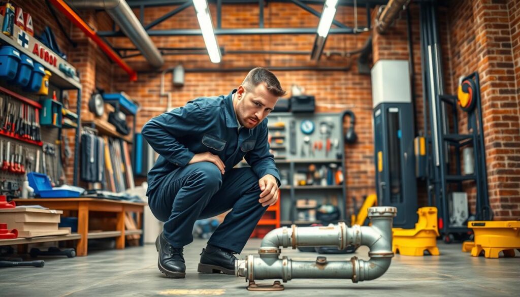 A modern, well-equipped emergency plumbing service workshop. In the foreground, a skilled plumber in a navy blue uniform crouches over a damaged pipe, intently examining it. The middle ground features an array of professional tools and equipment neatly organized on shelves, conveying expertise and preparedness. The background showcases the workshop's industrial aesthetic, with exposed brick walls, high ceilings, and warm, focused lighting that creates a sense of efficiency and reliability. The overall scene radiates a feeling of urgency, competence, and the ability to swiftly resolve any plumbing crisis.