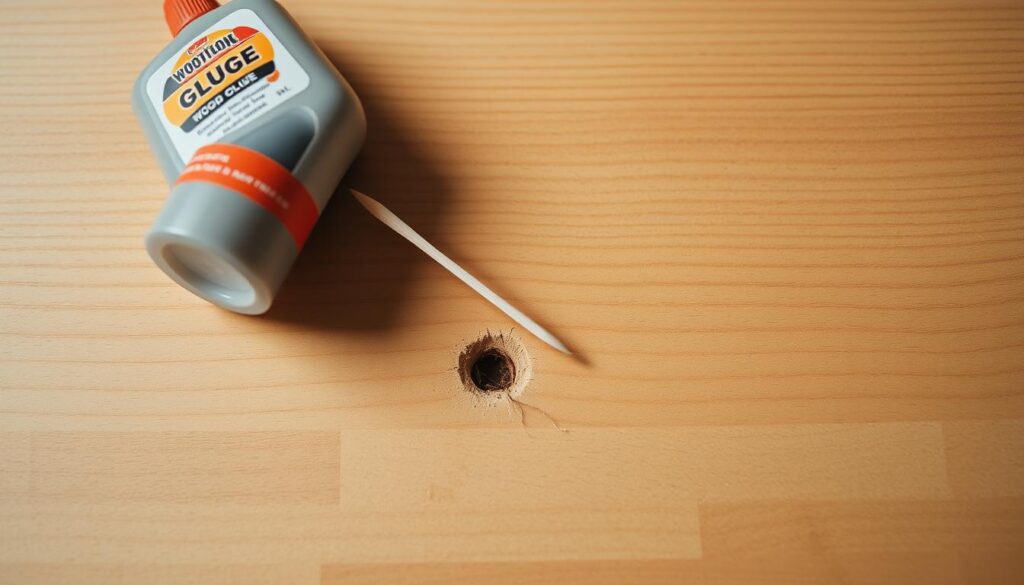 A neatly arranged still life composition featuring a wooden surface with a toothpick and a bottle of wood glue. The toothpick is positioned diagonally, partially inserted into a small hole or cavity in the wood, suggesting a repair in progress. The wood glue bottle is placed nearby, its label facing the viewer, conveying the necessary materials for the repair. The lighting is soft and diffused, creating subtle shadows that accentuate the texture and grain of the wood. The scene is captured from a slightly elevated angle, giving a sense of depth and emphasizing the delicate nature of the repair process. The overall mood is one of focus, attention to detail, and the satisfaction of a practical, hands-on solution.