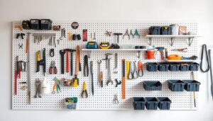 A neatly organized pegboard system with a variety of hooks, shelves, and storage bins. The pegboard is mounted on a clean, minimalist white wall, illuminated by soft, natural lighting from above. The arrangement of the pegboard components is visually balanced, showcasing a variety of tools, hardware, and household items in a practical and aesthetically pleasing manner. The overall scene conveys a sense of order, efficiency, and a well-curated storage solution for a home or workshop.