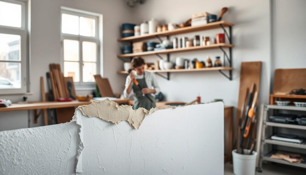 A neatly organized workshop interior with natural lighting filtering through a large window. In the foreground, a wall section with peeled and flaking paint, revealing the underlying surface. In the middle ground, a person in work clothes uses a scraper tool to carefully remove the damaged paint, exposing the clean surface. Shelves along the back wall hold an assortment of painting supplies, brushes, and tools. The overall atmosphere is one of focused, methodical repair, conveying a sense of practical problem-solving.