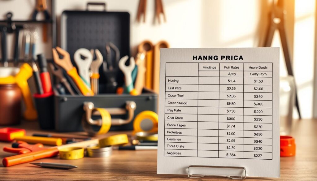 A neatly organized workspace showcases a variety of handyman tools and supplies, including a toolbox, screwdrivers, pliers, and a tape measure. The scene is illuminated by warm, natural lighting, creating a welcoming and professional atmosphere. In the foreground, a pricing chart is prominently displayed, detailing the hourly rates and service packages offered by the handyman. The background features a soft, blurred backdrop, allowing the pricing information to be the focal point of the image. The overall composition conveys a sense of expertise, reliability, and transparency in the handyman's service offerings.