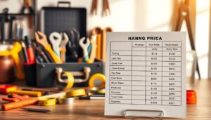 A neatly organized workspace showcases a variety of handyman tools and supplies, including a toolbox, screwdrivers, pliers, and a tape measure. The scene is illuminated by warm, natural lighting, creating a welcoming and professional atmosphere. In the foreground, a pricing chart is prominently displayed, detailing the hourly rates and service packages offered by the handyman. The background features a soft, blurred backdrop, allowing the pricing information to be the focal point of the image. The overall composition conveys a sense of expertise, reliability, and transparency in the handyman's service offerings.