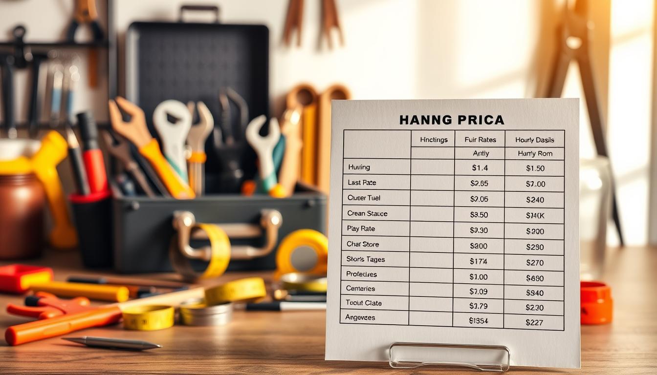 A neatly organized workspace showcases a variety of handyman tools and supplies, including a toolbox, screwdrivers, pliers, and a tape measure. The scene is illuminated by warm, natural lighting, creating a welcoming and professional atmosphere. In the foreground, a pricing chart is prominently displayed, detailing the hourly rates and service packages offered by the handyman. The background features a soft, blurred backdrop, allowing the pricing information to be the focal point of the image. The overall composition conveys a sense of expertise, reliability, and transparency in the handyman's service offerings.