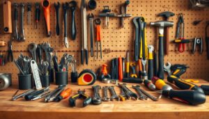 A neatly organized workspace with an array of tools carefully arranged on a wooden workbench. The foreground features a collection of screwdrivers, pliers, and wrenches meticulously placed in a way that suggests efficiency and easy access. In the middle ground, a tape measure, level, and hammer rest within reach. The background showcases a pegboard with various hooks and holders, allowing for a streamlined storage solution. Warm, natural lighting illuminates the scene, creating a productive and inviting atmosphere. The overall composition conveys a sense of order and intentionality, inspiring the viewer to boost their own productivity through effective tool organization.