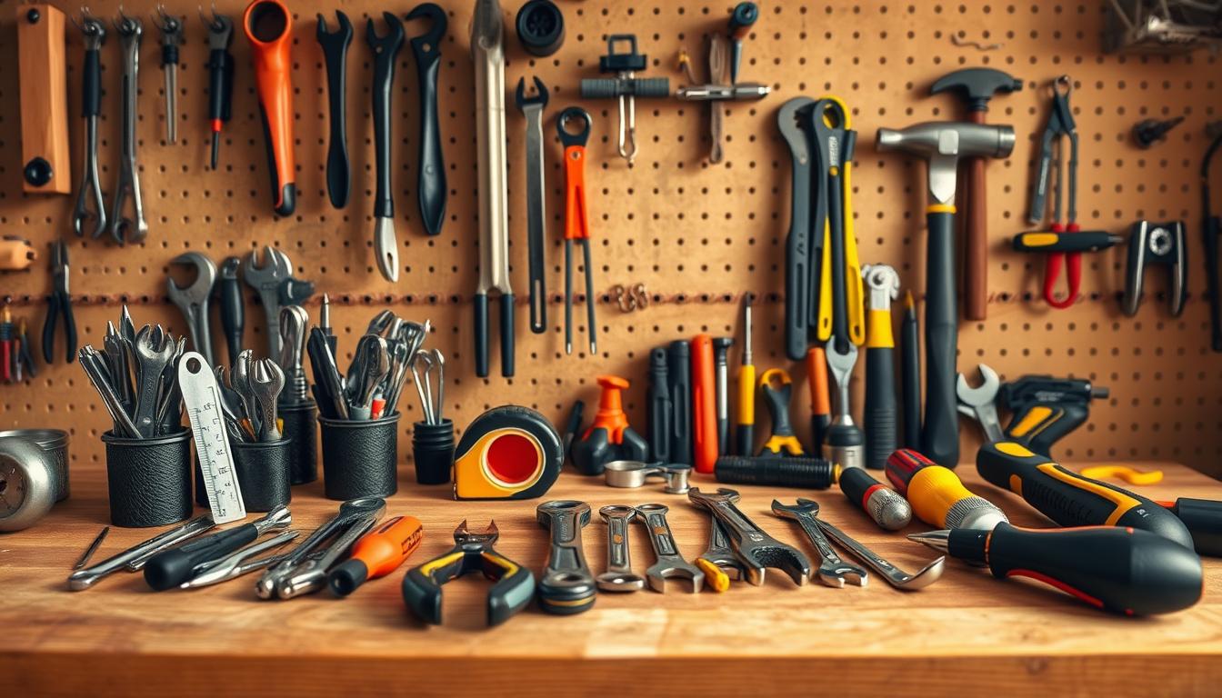 A neatly organized workspace with an array of tools carefully arranged on a wooden workbench. The foreground features a collection of screwdrivers, pliers, and wrenches meticulously placed in a way that suggests efficiency and easy access. In the middle ground, a tape measure, level, and hammer rest within reach. The background showcases a pegboard with various hooks and holders, allowing for a streamlined storage solution. Warm, natural lighting illuminates the scene, creating a productive and inviting atmosphere. The overall composition conveys a sense of order and intentionality, inspiring the viewer to boost their own productivity through effective tool organization.