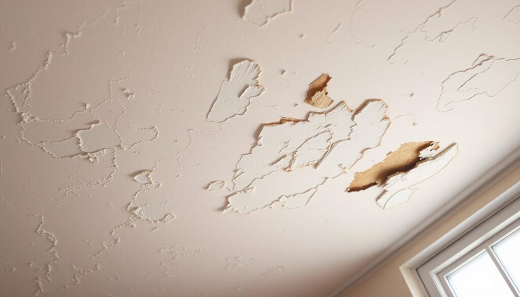 A peeling ceiling with chipped, cracked, and discolored paint, illuminated by soft, natural lighting filtering in through a nearby window. The paint appears to be an off-white or eggshell color, with ragged edges and exposed drywall or plaster visible underneath. The texture of the ceiling is slightly uneven, with subtle shadows and highlights accentuating the imperfections. The overall atmosphere is one of neglect and gradual deterioration, hinting at the need for repair and restoration.