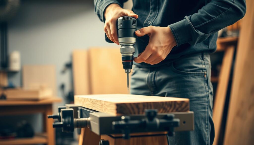 A person standing in a well-lit workshop, carefully operating a power drill on a wooden workpiece. The drill is held at a precise angle, with the user's hands positioned to ensure stability and control. The workpiece is clamped securely to a sturdy workbench, and the lighting is warm and evenly distributed, casting subtle shadows that highlight the textures of the materials. The background is blurred, with a few tools and equipment visible, suggesting a professional setting. The overall atmosphere conveys a sense of focus, precision, and safety.