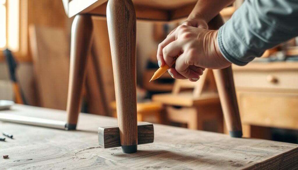 A person's hands carefully applying wood glue to a wobbly chair leg, with the leg propped up on a wooden workbench in a well-lit, cozy home workshop. The focus is on the intricate process, with the background softly blurred to highlight the details. Warm, natural lighting casts a gentle glow, and the scene conveys a sense of patient, methodical repair. The chair leg is positioned at a three-quarter angle, allowing the viewer to observe the delicate application of the adhesive. The image should inspire confidence in the DIY task at hand.