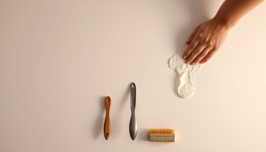 A pristine white wall, its surface unmarred, serves as the backdrop for a captivating display of wallpaper prevention techniques. In the foreground, a delicate hand carefully applies a thin layer of wallpaper paste, ensuring a seamless and secure bond between the paper and the wall. The lighting, soft and diffused, casts a warm glow, highlighting the intricate patterns and textures of the wallpaper as it is carefully smoothed into place. In the middle ground, a selection of tools, including a wallpaper scraper and a paste brush, stand ready, their precise placement and organization conveying a sense of order and professionalism. The overall mood is one of calm, methodical attention to detail, reflecting the care and expertise required to prevent future wallpaper bubbles and maintain the pristine appearance of the surface.