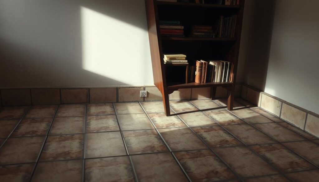 A rickety wooden bookcase stands precariously on an uneven tile floor, its shelves tilting at a precarious angle. The bookcase's legs are unevenly positioned, causing it to lean to one side, the books and knickknacks upon it teetering dangerously. Shadows cast by a single overhead light source accentuate the unstable nature of the scene, creating a sense of tension and uncertainty. The worn and discolored tiles of the floor add to the impression of a neglected, dilapidated environment, further emphasizing the need for stabilization. The overall mood is one of imbalance and the potential for disaster, reflecting the challenges of maintaining a functional and secure bookshelf.