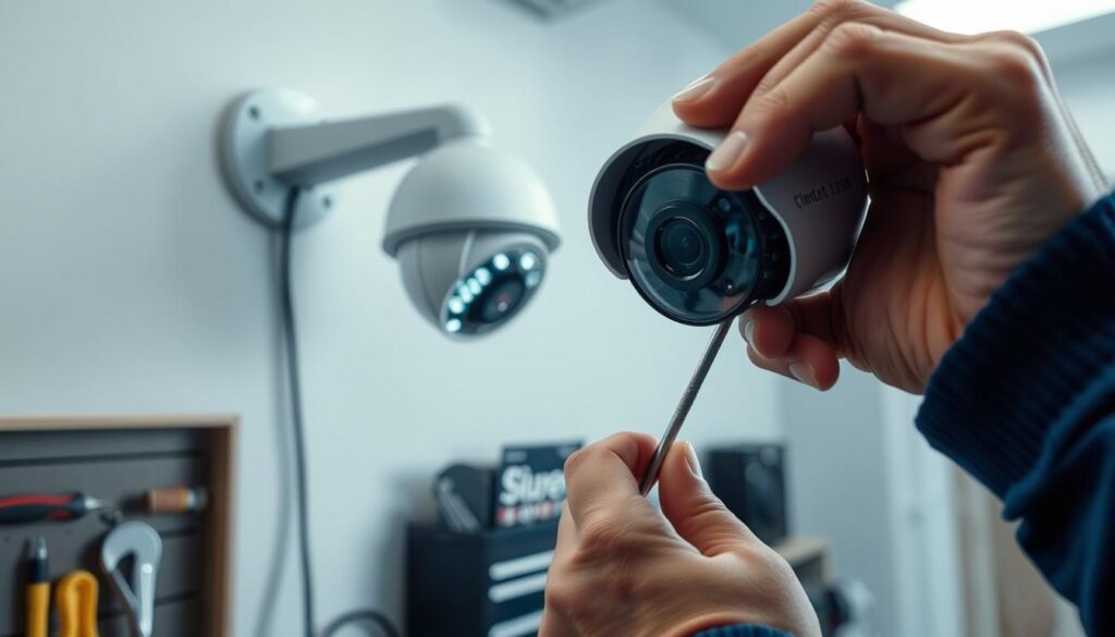 A security camera mounted on a wall, its lens focused and adjusting to the lighting conditions. In the foreground, a technician's hand holds a screwdriver, meticulously examining the camera's internals. The middle ground shows the technician's face in concentration, while the background depicts a neatly organized toolbox and a clean, well-lit workspace. The scene conveys a sense of precision, attention to detail, and the importance of proper maintenance for reliable home security surveillance.