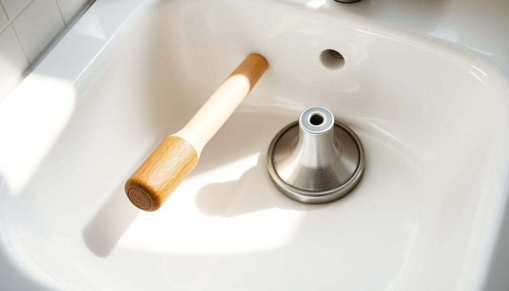 A silver-colored plunger, its rubber cup prominent and inviting, resting on a white porcelain bathroom sink. The plunger's wooden handle extends gracefully, casting a warm, natural shadow across the sink's smooth surface. Soft, natural lighting from an unseen window highlights the plunger's textured grip, creating a sense of artisanal craftsmanship. The overall composition emphasizes the plunger's utilitarian purpose while conveying a sense of calm and domestic tranquility, suggesting its effectiveness in the task at hand.