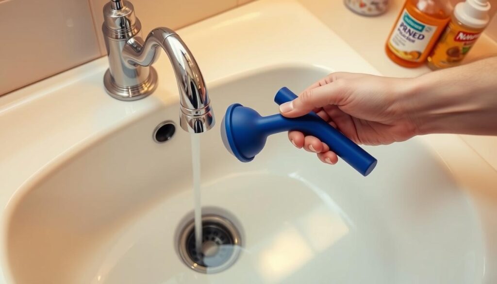 A sink full of standing water, the plunger firmly gripped in a hand, ready to tackle the clogged drain. The chrome faucet gleams under warm lighting, casting a soft glow on the pristine white ceramic sink. The counter surface is clean and uncluttered, with a bottle of sink-unclogging solution nearby, ready to assist in the DIY process. The scene conveys a sense of focused determination to resolve the slow-draining issue, with the necessary tools and products at the ready. The overall atmosphere is one of a straightforward, practical approach to a common household problem.