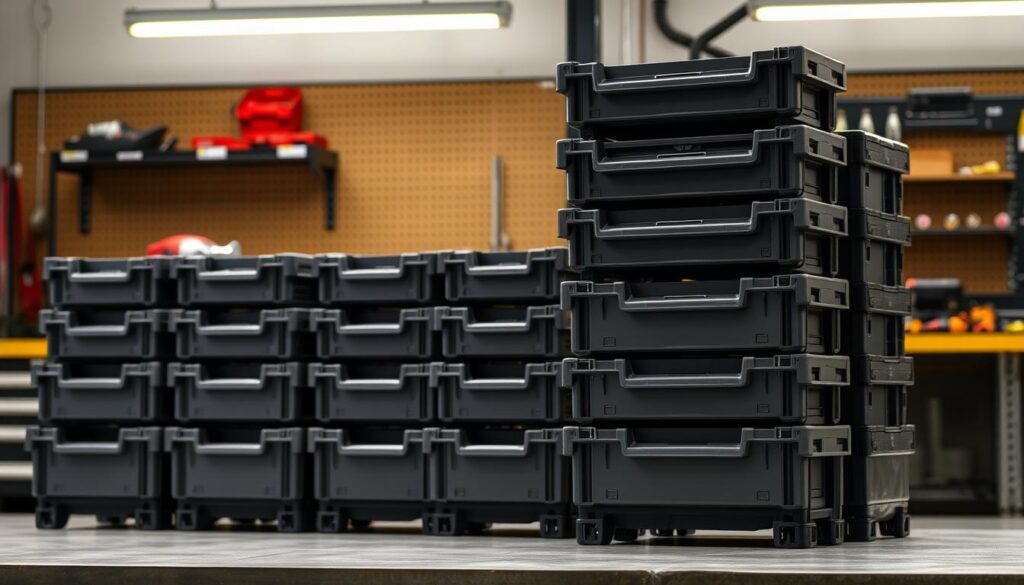 A sleek, modern Milwaukee PACKOUT storage system set against a well-lit workshop backdrop. The system's sturdy, interlocking plastic containers are neatly arranged, showcasing their modular design and ability to be stacked, connected, and customized. Soft, directional lighting illuminates the containers' rugged yet refined appearance, highlighting their durable construction and impressive storage capacity. The system is positioned at a slight angle, allowing for a clear, unobstructed view of its efficient, space-saving organization. The overall scene conveys a sense of professionalism, utility, and the system's seamless integration into a productive, well-equipped workshop environment.