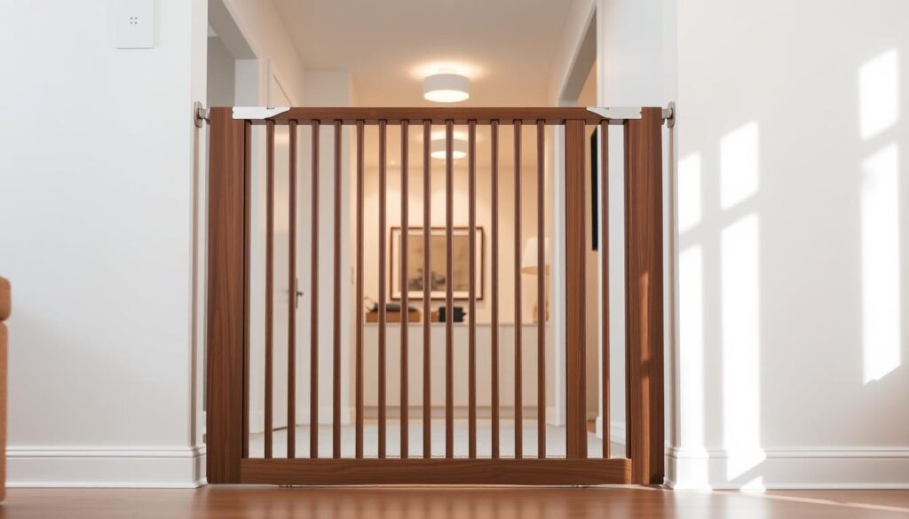 A sleek, modern baby safety gate standing sturdy in a well-lit, contemporary living room. The gate's frame is made of high-quality wood, with vertical bars spaced closely to prevent small fingers from getting through. The gate is installed at the entrance to a hallway, blending seamlessly with the room's neutral color palette and minimalist decor. Soft, diffused lighting from overhead fixtures casts a warm glow, highlighting the gate's polished finish. The scene conveys a sense of safety, comfort, and attention to detail in childproofing the home.