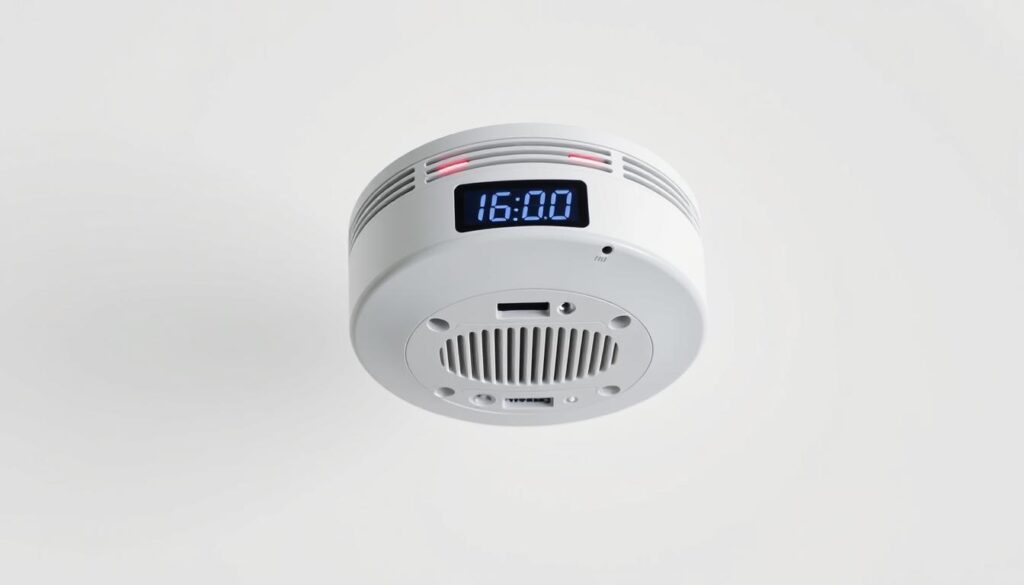 A sleek, modern carbon monoxide detector hovering against a pristine white backdrop, its LED indicators and digital display clearly visible. The device is illuminated by soft, diffused lighting, casting subtle shadows that accentuate its clean, minimalist design. The detector's sensors and vents are prominently featured, showcasing the key technical components that allow it to accurately monitor air quality. The overall composition emphasizes the detector's key safety features, conveying a sense of reliability and reassurance for the viewer.