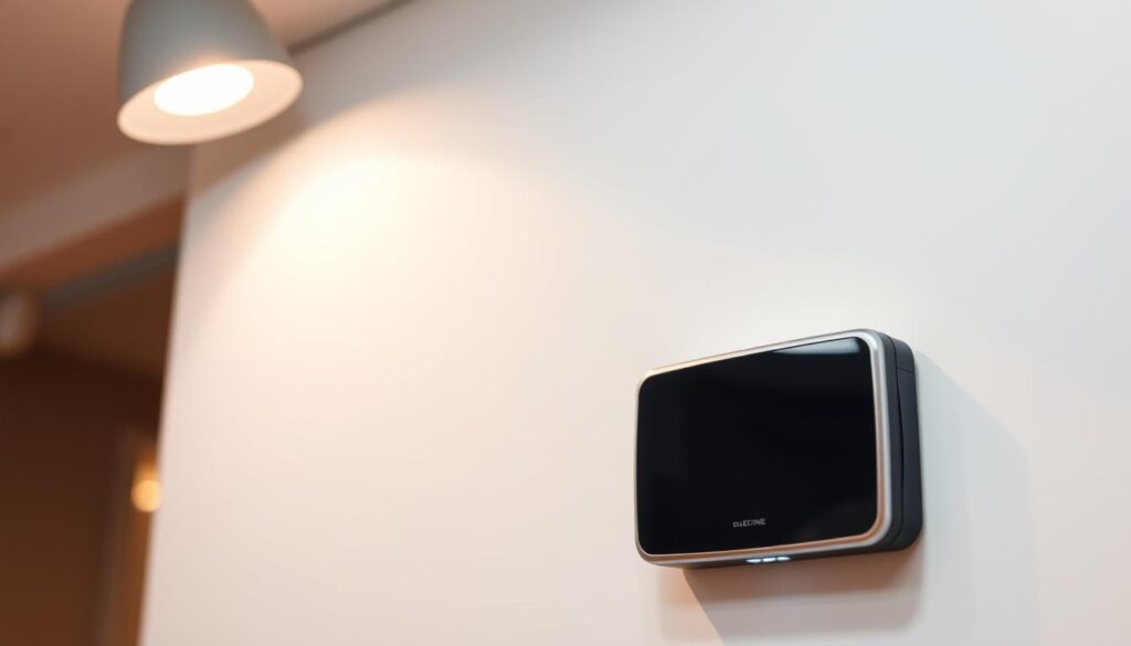 A sleek, modern carbon monoxide detector placed prominently on a pristine white wall. The device features a minimalist, rectangular design with a glossy black surface and silver trim, emitting a soft, ambient glow. Subtle shadows cast by the device create depth and dimension. The background is a crisp, clean white, allowing the detector to stand out boldly. Overhead lighting casts a warm, gentle illumination, creating a sense of security and reassurance. The overall composition conveys the importance of this safety device in a stylish, visually appealing manner.