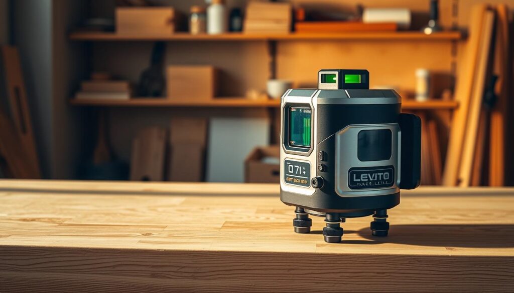 A sleek, modern laser level resting on a smooth wooden surface, bathed in warm, soft lighting. The level's polished metal body gleams, with precise digital readouts and intuitive controls. In the background, a minimalist workshop setting with shelves of DIY tools and materials, conveying a sense of functionality and purpose. The composition is balanced, highlighting the laser level's key features and practical applications for home improvement projects.