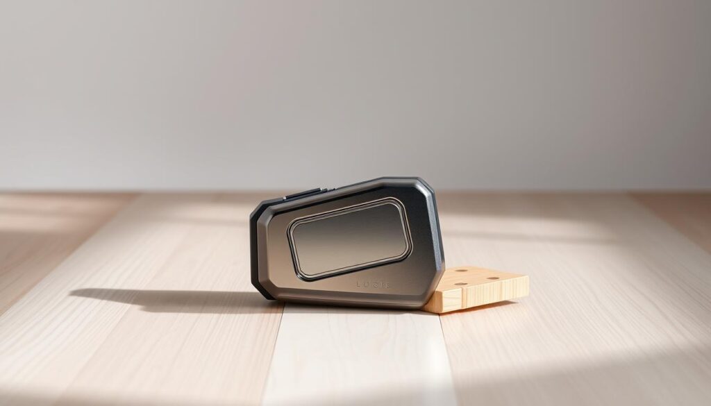 A sleek, professional-looking magnetic stud finder in a well-lit studio setting. The device has a compact, ergonomic design with a chrome or silver metallic finish, accentuated by sharp, clean lines. It rests on a minimalist wooden or concrete surface, casting gentle shadows that add depth and dimension. The background is a soft, neutral color that allows the stud finder to take center stage, showcasing its precision and functionality. The lighting is carefully balanced, creating a sense of depth and highlighting the device's key features. The overall mood is one of modern, high-quality craftsmanship and practical utility.