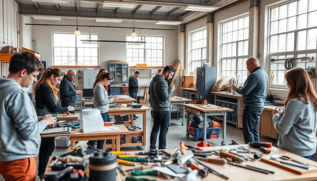 A spacious and well-equipped workshop in Sheffield, with a focus on handyman training. In the foreground, a group of students engrossed in hands-on exercises, guided by an experienced instructor demonstrating proper techniques. The middle ground showcases an array of tools and materials, neatly organized and readily available. In the background, large windows allow natural light to flood the space, creating a bright and inviting atmosphere. The lighting is soft and even, accentuating the details of the various projects being undertaken. The overall scene conveys a sense of professionalism, education, and a commitment to empowering individuals with practical skills.