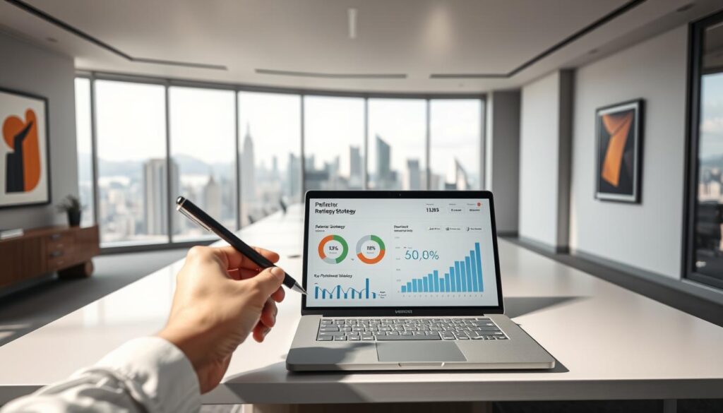 A spacious office setting with a large, well-lit desk. On the desk, a sleek laptop displaying a dashboard of referral strategy metrics, including charts, graphs, and key performance indicators. In the foreground, a hand holding a stylish pen, ready to take notes. The walls feature minimalist, modern artwork, and a large window overlooking a bustling city skyline. The scene conveys a sense of focus, efficiency, and the importance of data-driven decision-making in optimizing a referral strategy.
