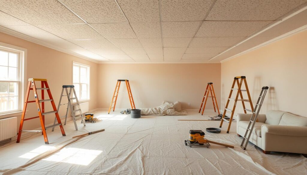 A spacious, well-lit room with a popcorn ceiling. Protective sheeting covers the floors and furniture, creating a clean, organized workspace. Ladders, scrapers, and other popcorn ceiling removal tools are neatly arranged, ready for the task at hand. The room has a sense of anticipation, as if the transformation is about to begin. Warm, natural lighting filters through the windows, casting a soft glow over the scene. The overall atmosphere is one of preparation and focus, setting the stage for the upcoming popcorn ceiling removal process.