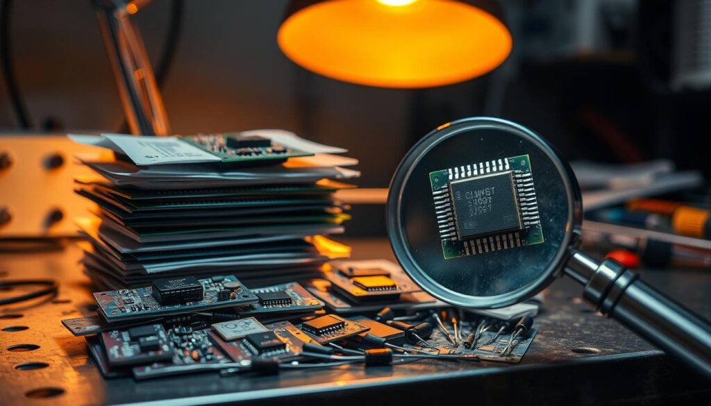 A stack of counterfeit electronic components on a metal workbench, partially illuminated by a warm desk lamp. The foreground features an assortment of generic-looking circuit boards, resistors, and capacitors in questionable packaging. In the middle ground, a magnifying glass examines a suspect microchip, revealing its shoddy construction. The background fades into shadow, hinting at the shadowy world of illicit parts trafficking. The overall scene conveys a sense of caution and the need for vigilance when sourcing parts, evoking the pitfalls of the counterfeit trade.