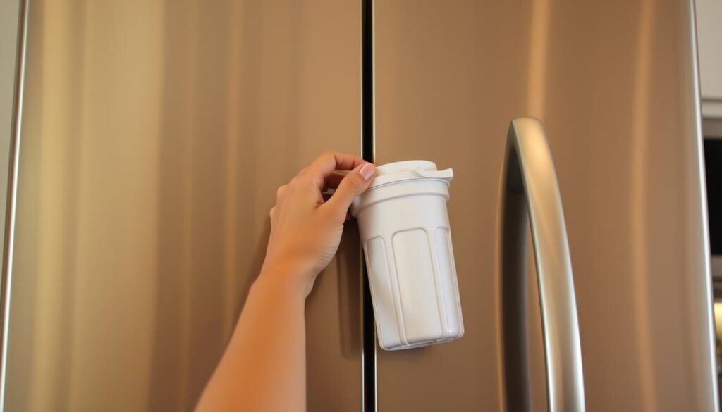 A stainless steel refrigerator with a water filter compartment in the front, softly lit from above by a warm, natural light. The filter is half-installed, with the user's hand reaching in to secure it in place. The scene conveys a sense of easy maintenance and care for the appliance. The background is slightly blurred, keeping the focus on the filter replacement process. The overall mood is one of domestic tranquility and efficiency.